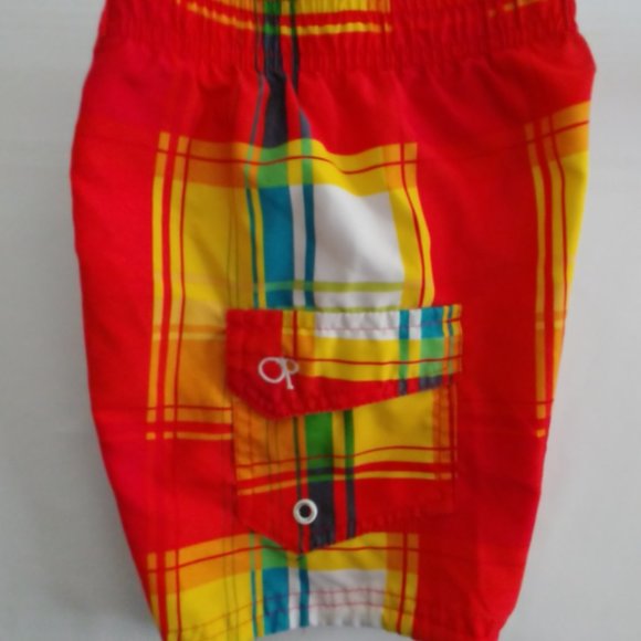 OP Boys Bright Red Yellow Tartan Plaid Swim Trunks - Picture 4 of 7